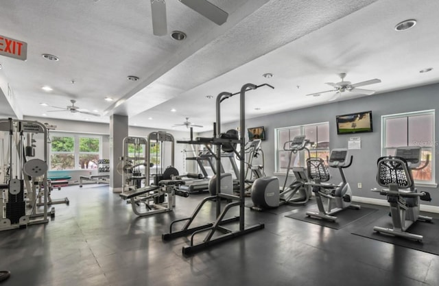 workout area with recessed lighting, baseboards, and ceiling fan