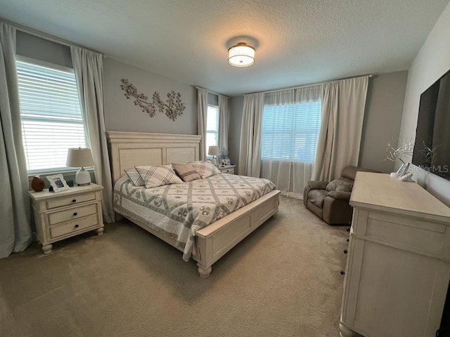 bedroom featuring light carpet, multiple windows, and a textured ceiling