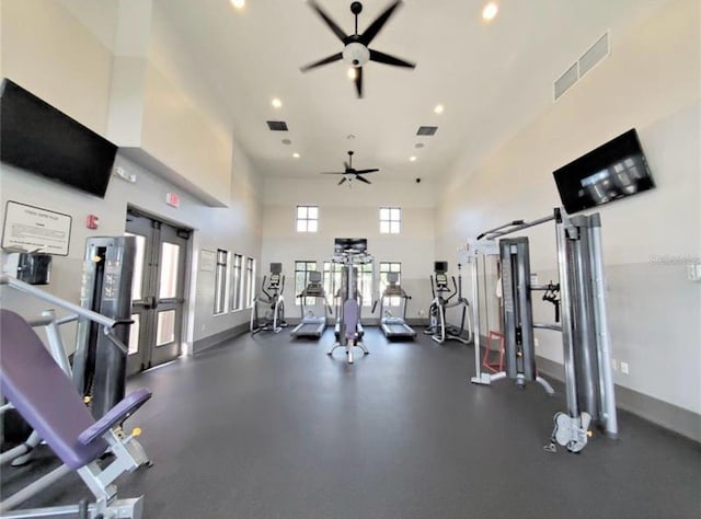 gym with recessed lighting, visible vents, baseboards, and a ceiling fan