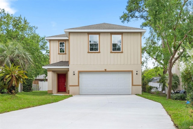 3 Orange Blossom Dr, Eustis, FL 32726 - view of front of house featuring a shingled roof, a front lawn, board and batten siding, driveway, and a garage
