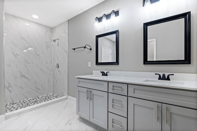 3 Orange Blossom Dr, Eustis, FL 32726 - bathroom with double vanity, marble finish floor, a sink, and a marble finish shower