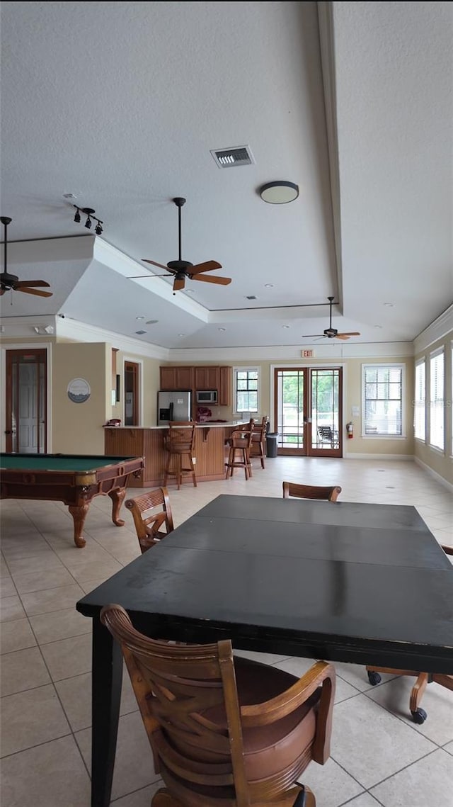 528 Bridgeford Crossing Blvd, Davenport, FL 33837 - recreation room with a ceiling fan, pool table, light tile patterned floors, a textured ceiling, and vaulted ceiling