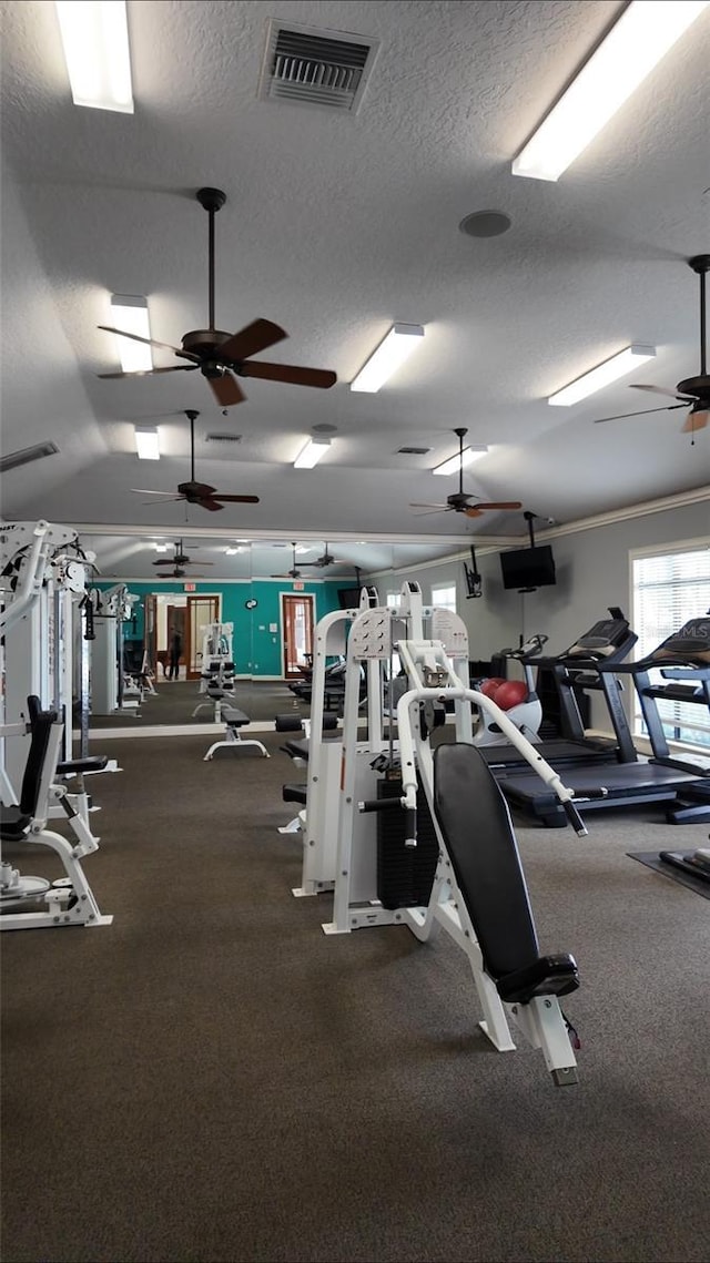 528 Bridgeford Crossing Blvd, Davenport, FL 33837 - gym with a ceiling fan, a textured ceiling, and carpet