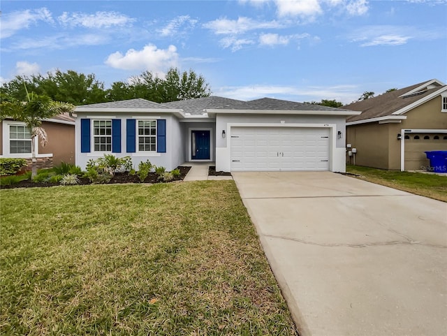 ranch-style home with an attached garage, driveway, a front yard, and stucco siding
