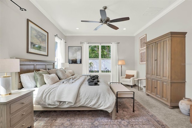 1821 Simonton Ave, Orlando, FL 32806 - bedroom with crown molding, ceiling fan, visible vents, recessed lighting, and light carpet