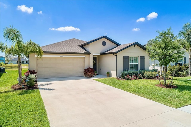 4094 San Clemente Ct, North Fort Myers, FL 33917 - ranch-style home featuring a front yard, a shingled roof, an attached garage, stucco siding, and driveway