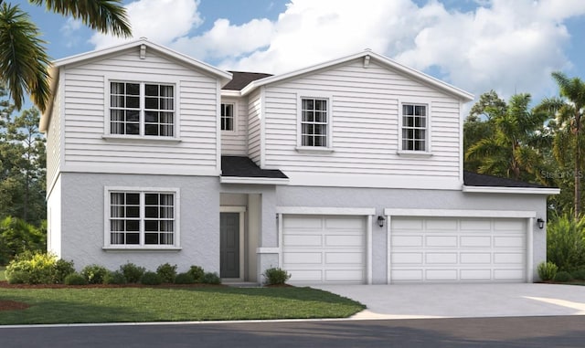12915 Trovita Dr, Grand Island, FL 32735 - traditional-style house with a front yard, an attached garage, driveway, and stucco siding