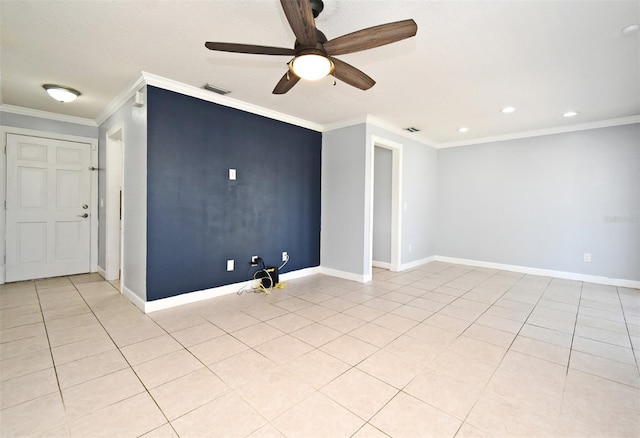 spare room with visible vents, baseboards, ceiling fan, crown molding, and light tile patterned flooring