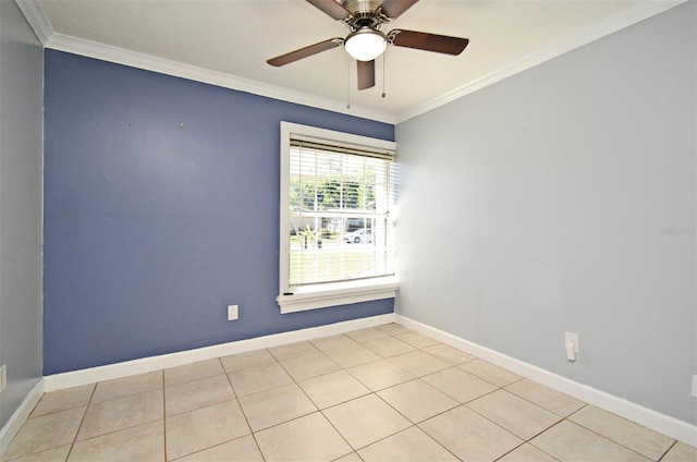 unfurnished room featuring ornamental molding, baseboards, a ceiling fan, and light tile patterned floors