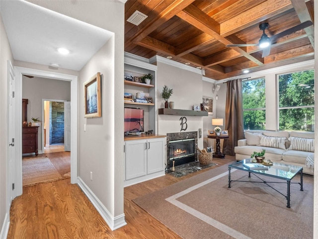 6037 Lake Erie Rd, Groveland, FL 34736 - living area with wooden ceiling, light wood-type flooring, a ceiling fan, baseboards, and beam ceiling