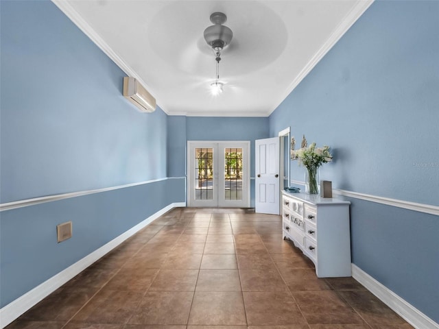 6037 Lake Erie Rd, Groveland, FL 34736 - entryway with a wall mounted air conditioner, french doors, crown molding, dark tile patterned floors, and baseboards