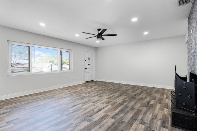 505 Lake Shore Dr, Maitland, FL 32751 - unfurnished living room with baseboards, visible vents, recessed lighting, wood finished floors, and ceiling fan