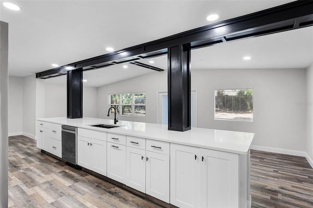 505 Lake Shore Dr, Maitland, FL 32751 - kitchen featuring dark wood finished floors, light countertops, a sink, baseboards, and white cabinetry