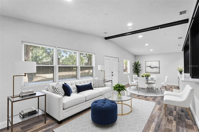505 Lake Shore Dr, Maitland, FL 32751 - living room featuring lofted ceiling with beams, baseboards, and wood finished floors