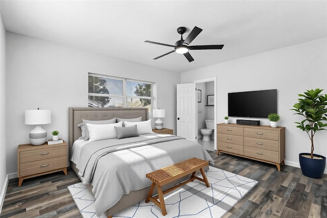 505 Lake Shore Dr, Maitland, FL 32751 - bedroom featuring baseboards, dark wood-style floors, ceiling fan, and connected bathroom