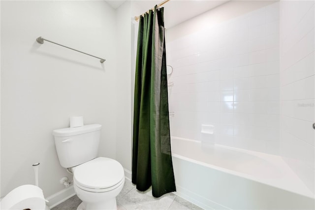 full bath with toilet, shower / bath combination with curtain, tile patterned flooring, and baseboards