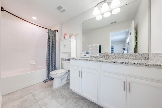 full bathroom featuring shower / tub combo with curtain, vanity, visible vents, and toilet