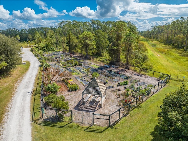 drone / aerial view with a wooded view