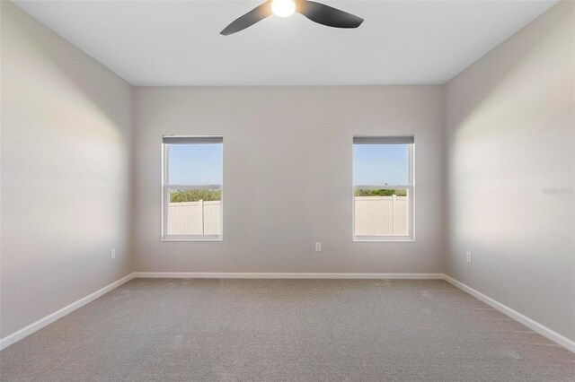 spare room featuring plenty of natural light, carpet, and a ceiling fan