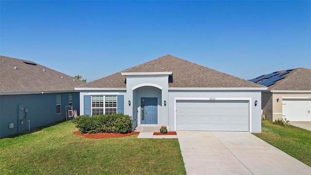 ranch-style home featuring a garage, a shingled roof, driveway, and stucco siding