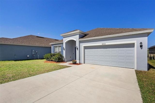 view of front of property featuring an attached garage, stucco siding, concrete driveway, and a front lawn