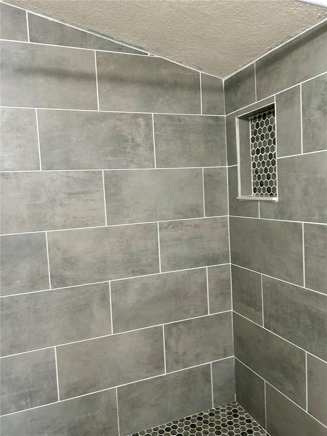 room details with a textured ceiling and a tile shower
