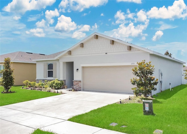 single story home with concrete driveway, a front lawn, stone siding, and a garage