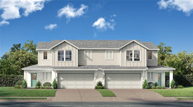 view of front of house featuring board and batten siding, a shingled roof, concrete driveway, and a garage