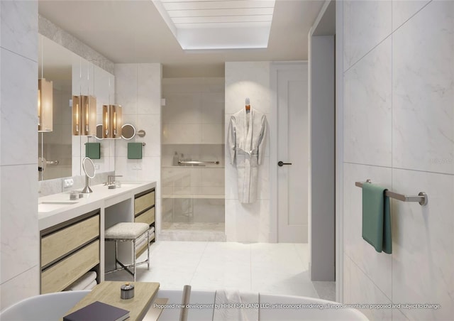 10160 Autumn Mist Ln Unit 601, Golden Oak, FL 32836 - bathroom with a sink, tile walls, double vanity, and walk in shower