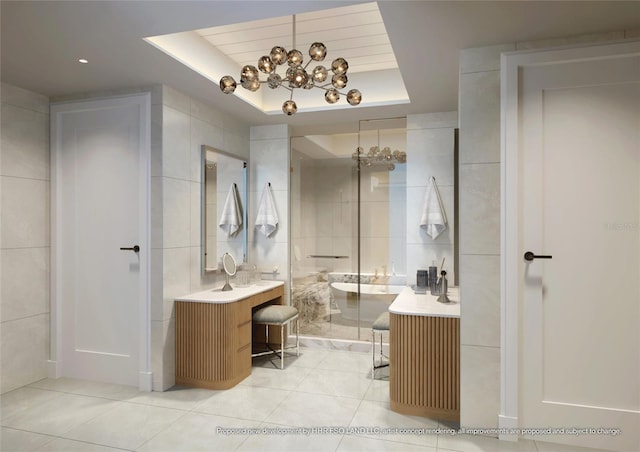 10160 Autumn Mist Ln Unit 601, Golden Oak, FL 32836 - full bathroom featuring two vanities, an inviting chandelier, tile patterned flooring, and tile walls