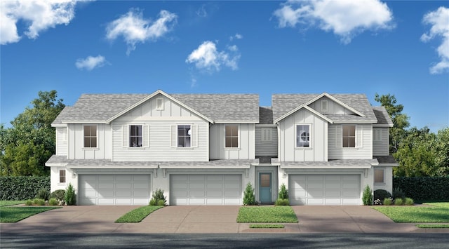 multi unit property featuring a shingled roof, board and batten siding, a garage, and driveway