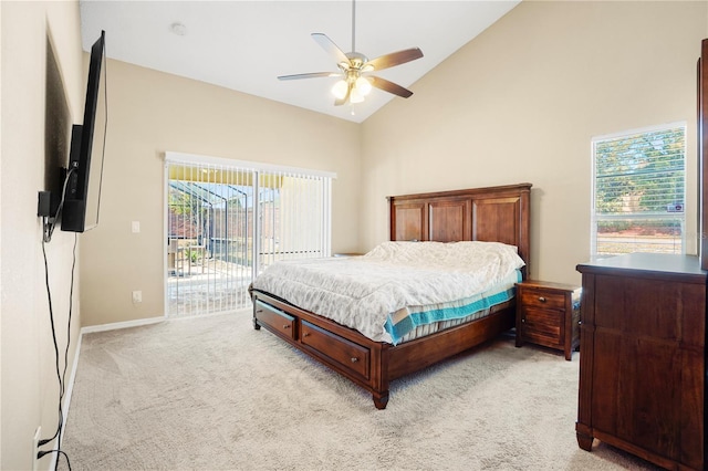 bedroom featuring baseboards, ceiling fan, access to outside, high vaulted ceiling, and light colored carpet