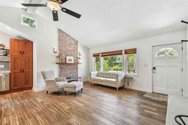 913 Tennessee Ln, Sarasota, FL 34234 - sitting room with a ceiling fan, light wood-type flooring, baseboards, beam ceiling, and high vaulted ceiling