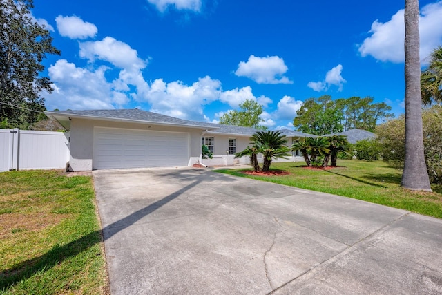 ranch-style house featuring stucco siding, driveway, an attached garage, a front yard, and fence