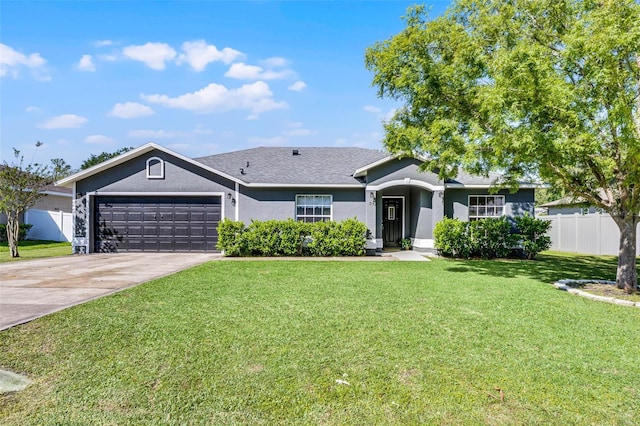 37 Lindsay Dr, Palm Coast, FL 32137 - ranch-style home featuring a garage, stucco siding, fence, a front lawn, and concrete driveway