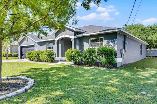 37 Lindsay Dr, Palm Coast, FL 32137 - view of front facade featuring a front yard, an attached garage, a shingled roof, and stucco siding