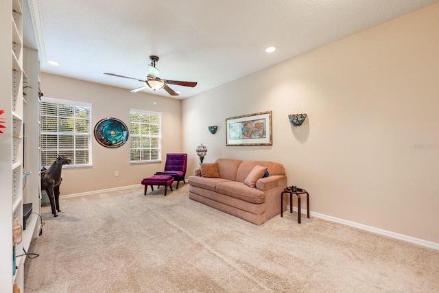living room featuring baseboards, recessed lighting, carpet flooring, and ceiling fan