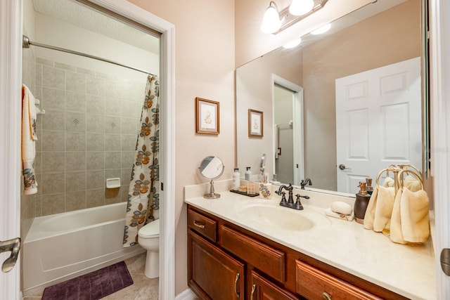 bathroom with tile patterned flooring, shower / bathtub combination with curtain, vanity, and toilet