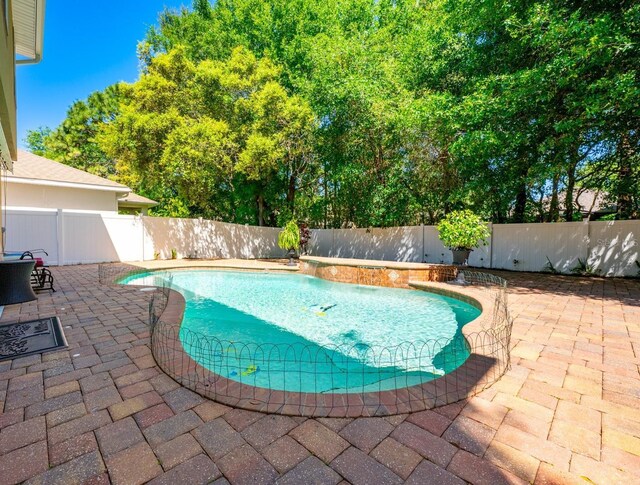 view of swimming pool featuring a fenced in pool, a patio area, and a fenced backyard