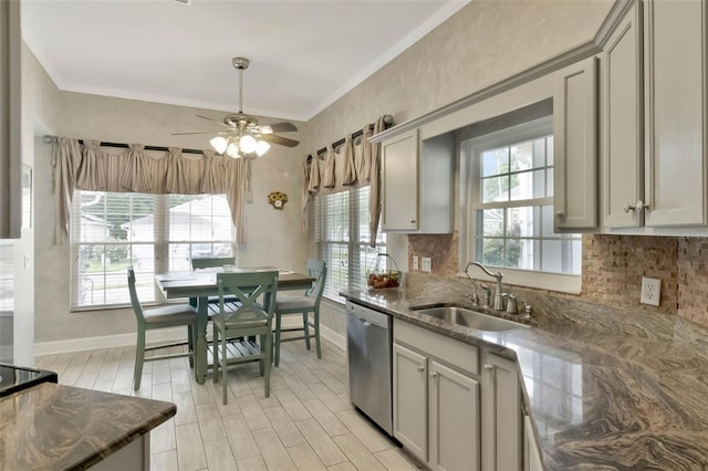 kitchen with stainless steel dishwasher, tasteful backsplash, ornamental molding, a sink, and baseboards