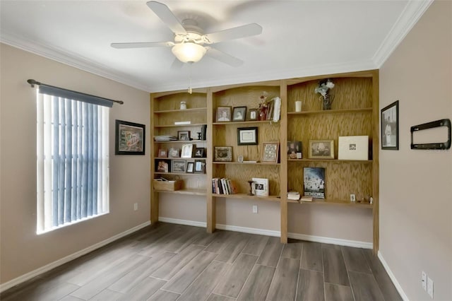 unfurnished room featuring ornamental molding, a wealth of natural light, and a ceiling fan