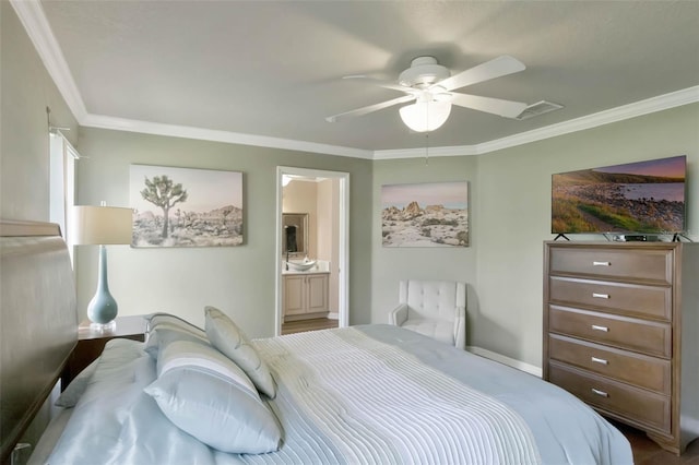 bedroom featuring ensuite bathroom, ceiling fan, ornamental molding, visible vents, and baseboards
