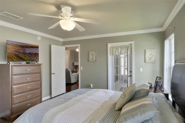 bedroom featuring visible vents, crown molding, and ceiling fan