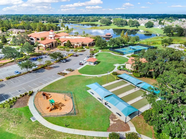 bird's eye view with a water view