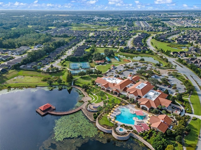 aerial view featuring a water view and a residential view