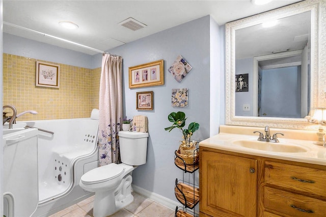 full bath featuring a tub, visible vents, toilet, tile patterned floors, and baseboards