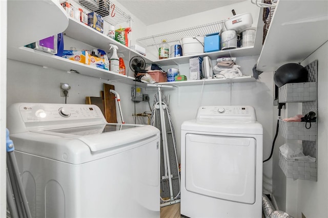 laundry area with laundry area, separate washer and dryer, and light wood-type flooring