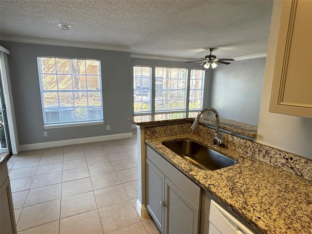 kitchen featuring crown molding, ceiling fan, a textured ceiling, light stone counters, and a sink
