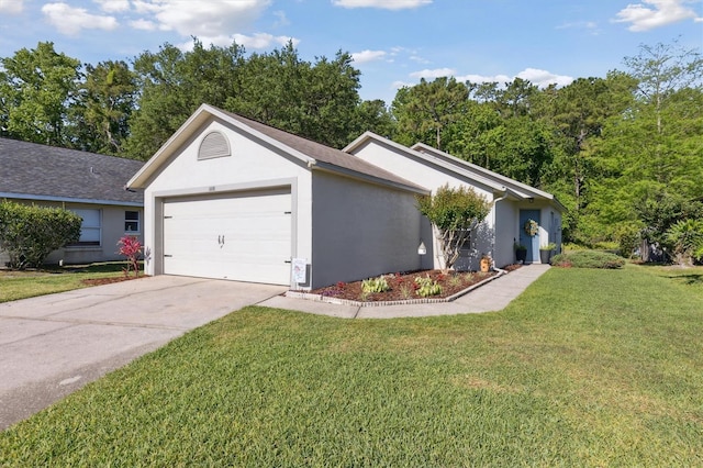 view of property exterior with an attached garage, a lawn, concrete driveway, and stucco siding