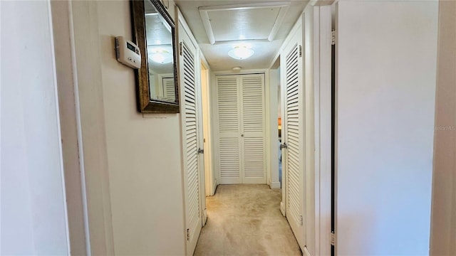 hallway featuring light carpet and attic access